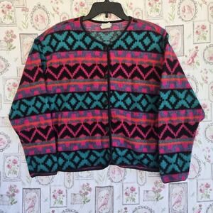 Vtg David Wayne Southwestern Aztec Fleece Cardigan Jacket 80s 90s Pink Blue Sz L